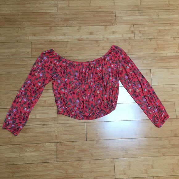 Like New H&M Orange Red Floral Off Shoulder Crop Top - Picture 2 of 3